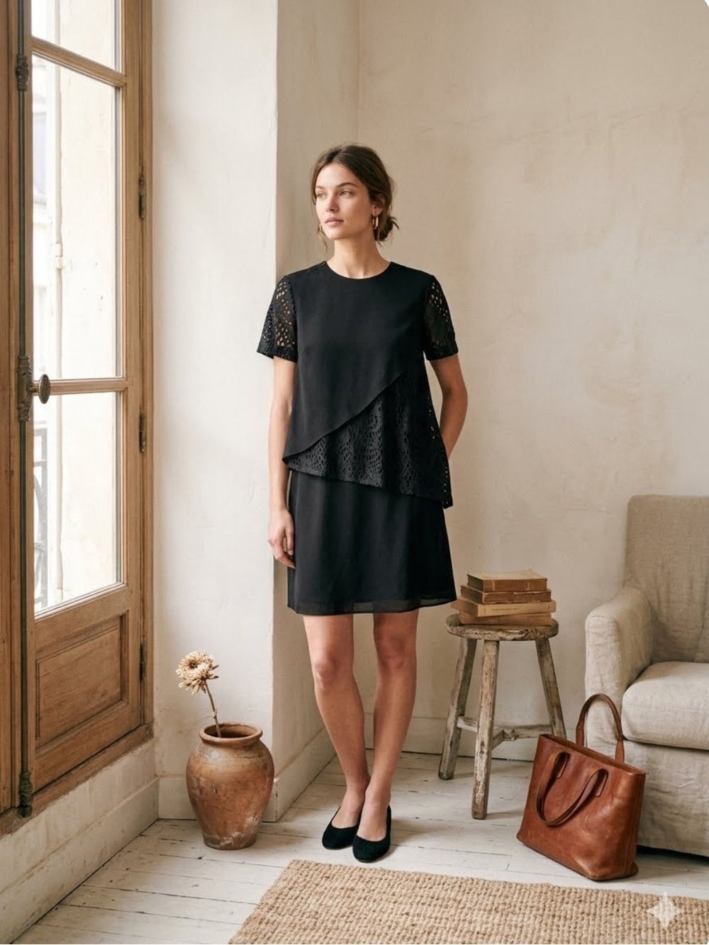 Robert Rodriguez black short sleeve layered cocktail dress silk size 8